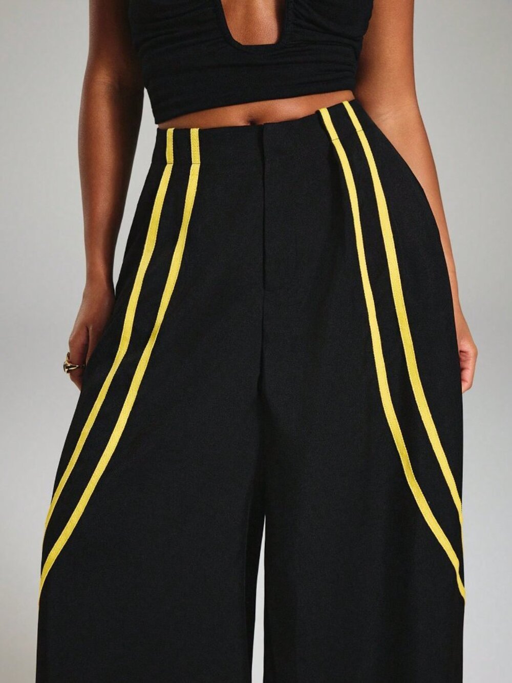Black Elegant Women's Striped High Waist Wide Leg Pants - Picture 6 of 7